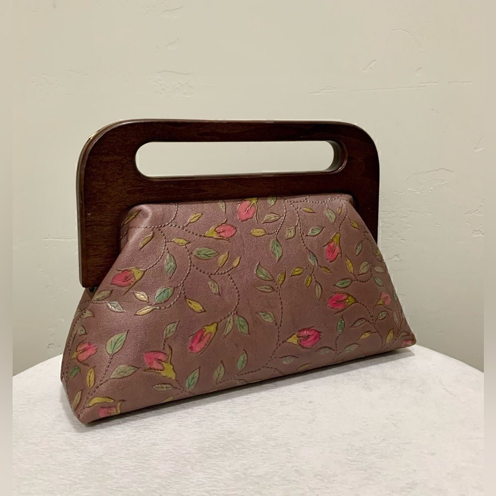 Handmade Genuine Embossed Leather Large Wooden Frame Handbag - Picture 4 of 16